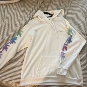 white victoria’s secret PINK hoodie with purple and blue sleeve designs size Xl